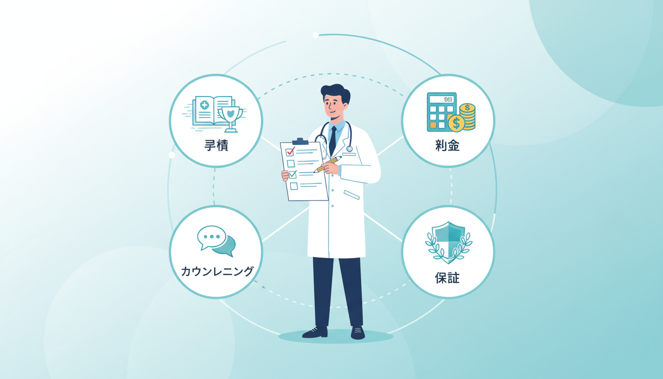 クリニック選びにおける4つの重要な基準をまとめたインフォグラフィック風のイラスト。中央にチェックリストを持つ白衣の医師のイラストを配置し、その周囲に「実績(カルテ)」「料金(計算機やコイン)」「カウン