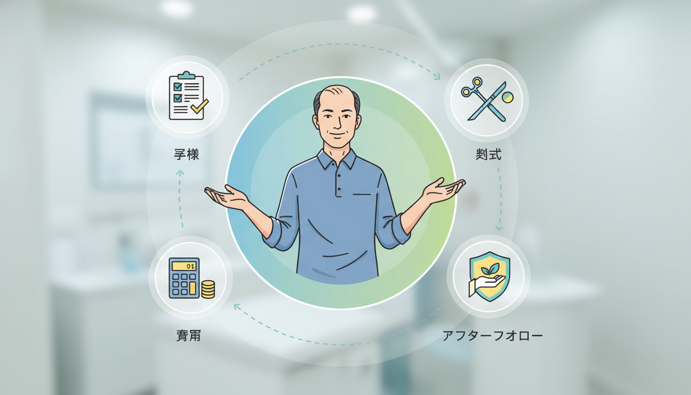 クリニック選びの4つの基準を示す図解イラスト。画面中央に薄毛の悩みを解決しようと前向きな男性のイラストがあり、その周囲に4つのアイコン（1. 実績を示すカルテのマーク、2. 費用を示す電卓、3. 術式