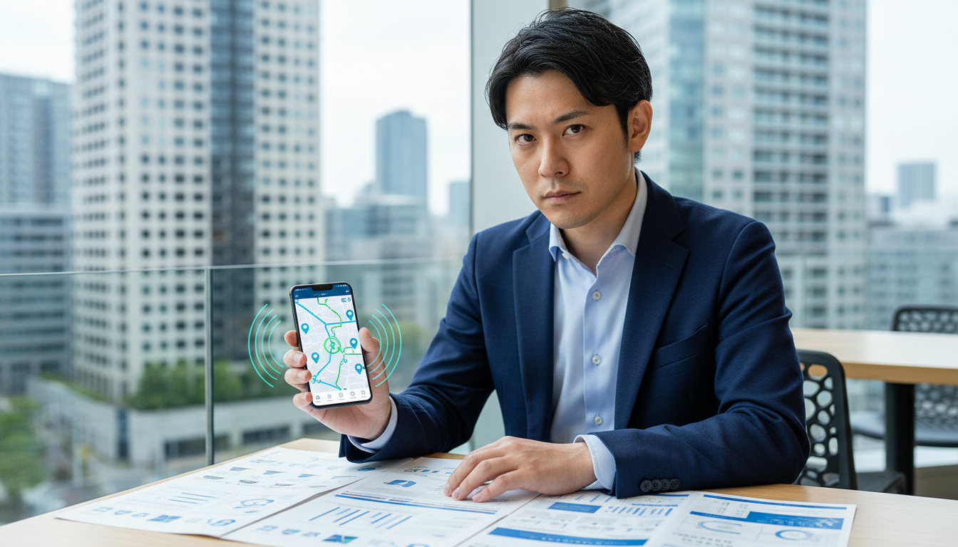 カフェのテーブルで、複数のクリニックのパンフレットや比較表を並べながら、真剣な表情でスマートフォンを使って情報収集をしている男性のイラスト。画面にはマップアプリが表示されており、通いやすさをチェックし
