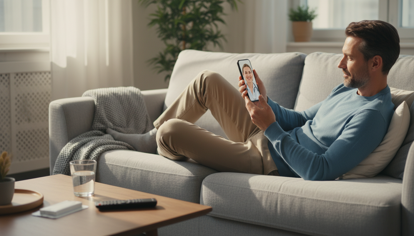 自宅のソファでリラックスしながら、スマートフォンを使ってオンライン診療を受けている男性のイラスト。スマホの画面には笑顔の医師が映っており、手前のテーブルには処方された内服薬のシンプルなパッケージや水が