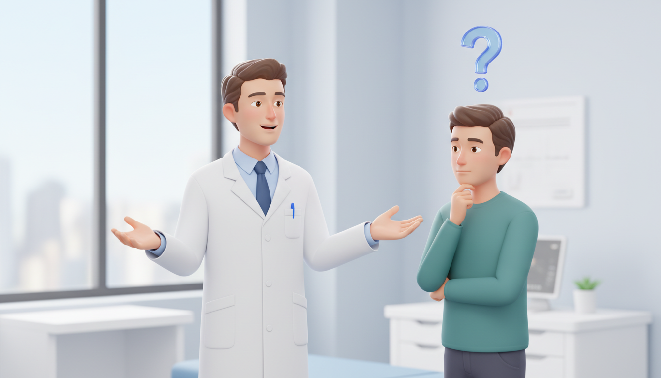 白衣を着た優しそうな男性医師と、少し疑問を持った表情で質問をしている私服の男性患者が対面しているイラスト。患者の頭上には疑問符（クエスチョンマーク）のアイコンが浮かんでおり、医師は笑顔で手を広げてわか