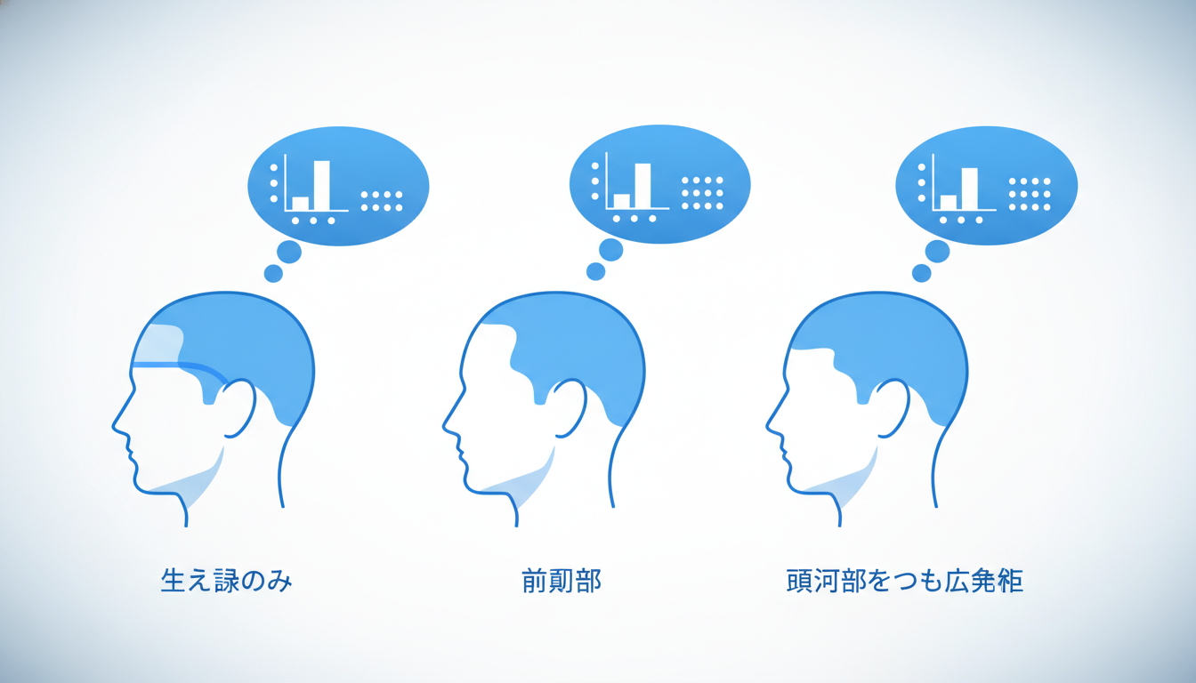 頭部の薄毛の進行度と必要なグラフト数(移植株数)をシミュレーションする図解イラスト。男性の頭部のシルエットが3つ並んでおり、それぞれ「生え際のみ」「前頭部」「頭頂部を含む広範囲」のエリアが青色のハイラ