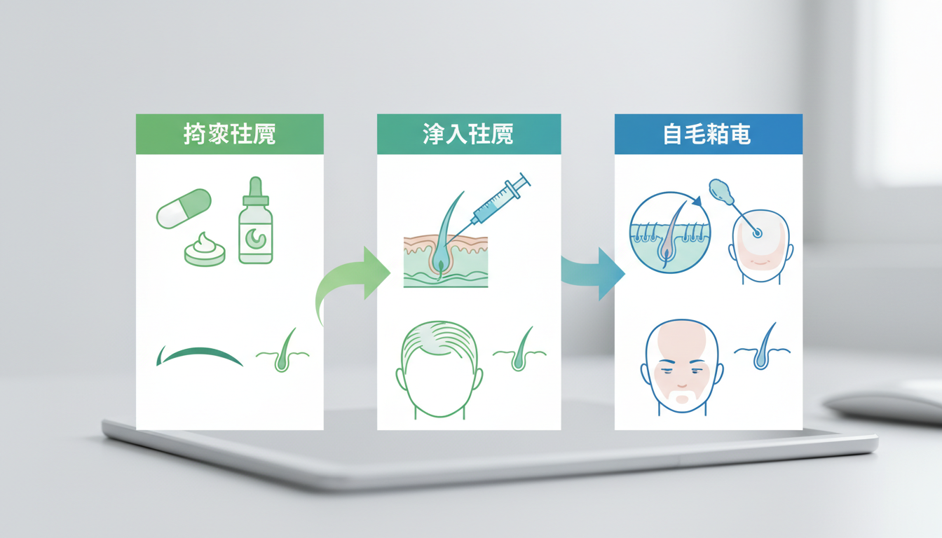 【イラスト】AGA治療の種類を比較するインフォグラフィック。左から「投薬治療（カプセル錠剤と塗り薬）」「注入治療（頭皮へ栄養を届けるイメージ）」「自毛植毛（健康な毛根を移動させるイメージ）」の3つの治