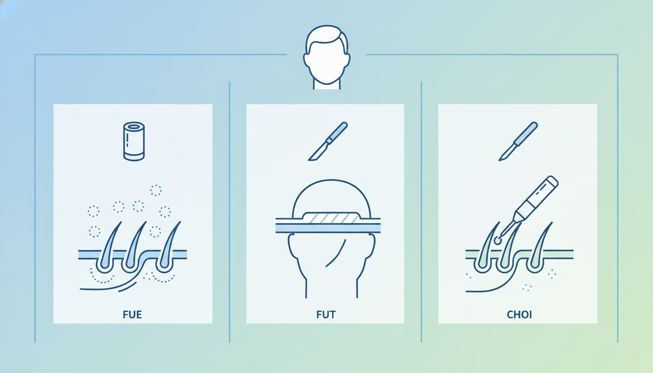 自毛植毛の代表的な3つの術式（FUE、FUT、CHOI）の違いを比較するインフォグラフィック風のイラスト。頭部のシンプルなアイコンと共に、パンチ（極細の筒状器具）、メス、インプランター（ペン型の針）の