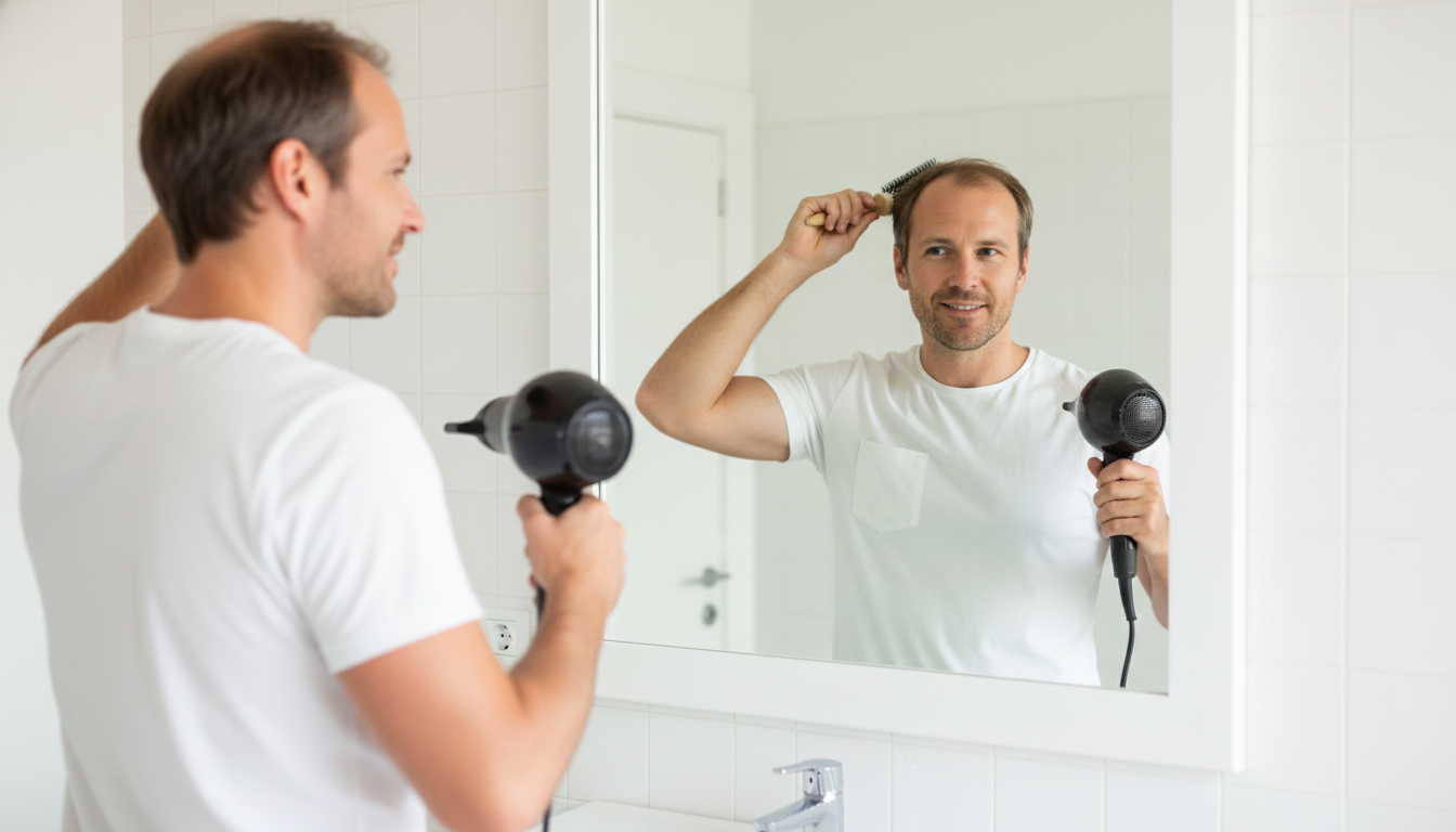 薄毛を自然にカバーするため、鏡の前で髪をふんわりとセットしている清潔感のある30代男性のイラスト。ドライヤーを使って髪の根元を立ち上げている様子。洗面所は白を基調とした明るく清潔な空間で、男性の表情は