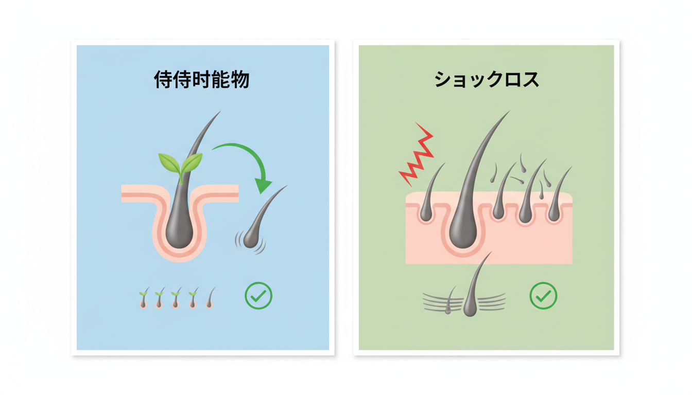 術後の脱毛の種類を比較して説明するイラスト図解。「一時的脱毛」と「ショックロス」の違いを分かりやすく表現している。画面を左右に分割し、左側には移植した毛が休止期に入って抜ける仕組みを表すアイコン、右側