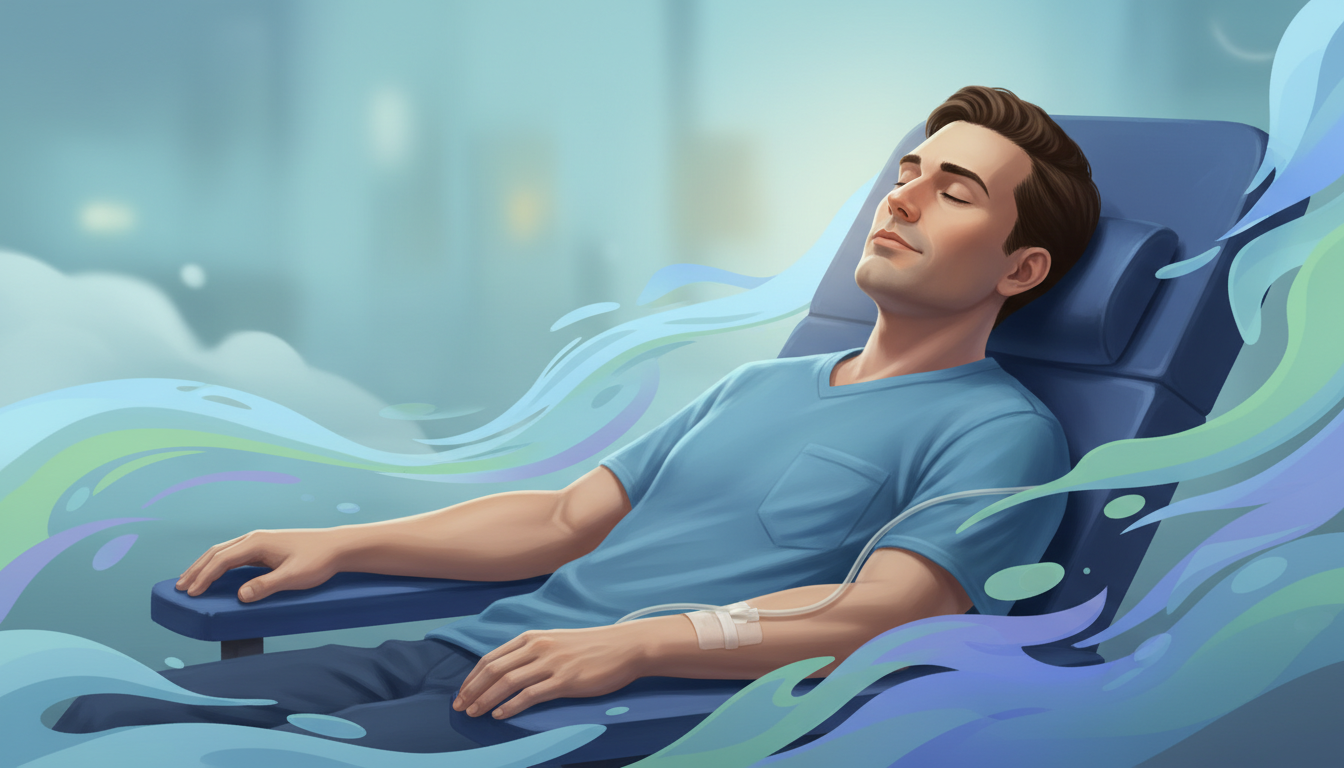 静脈麻酔によるリラックス効果を表現した概念的なイラスト。点滴を受けながら医療用リクライニングチェアで安心した表情でまどろんでいる男性を描く。青や緑などの寒色系を基調とした落ち着いた色合いで、痛みや不安