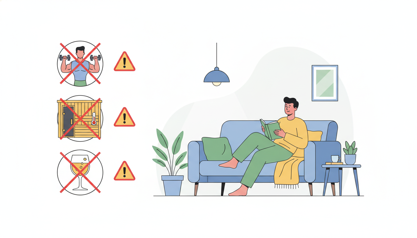 植毛手術後のNGな生活習慣を伝えるフラットデザインのイラスト。ダンベルを持った激しい運動、熱いサウナ、アルコールの入ったグラスの3つのアイコンに対し、警告を意味するマークが添えられている。横には、ゆっ