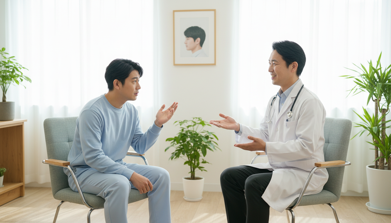 清潔感のあるカウンセリングルームで、少し不安そうな表情で質問をする男性と、それに対して手振りなどを交えながら笑顔で優しく説明し安心させている白衣を着た医師のイラスト。男性の「本当に生え揃うのだろうか」
