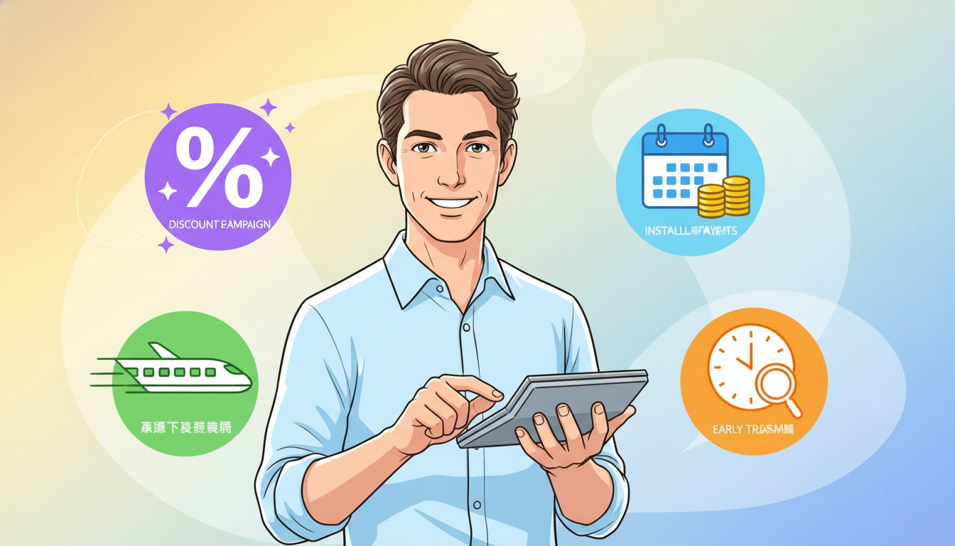 費用を安く抑えるための4つのコツを表現した概念的なイラスト。中央に笑顔で電卓を打っている30代男性が描かれ、その周囲に「割引キャンペーン(%のマーク)」「分割払い(カレンダーとコイン)」「交通費補助(