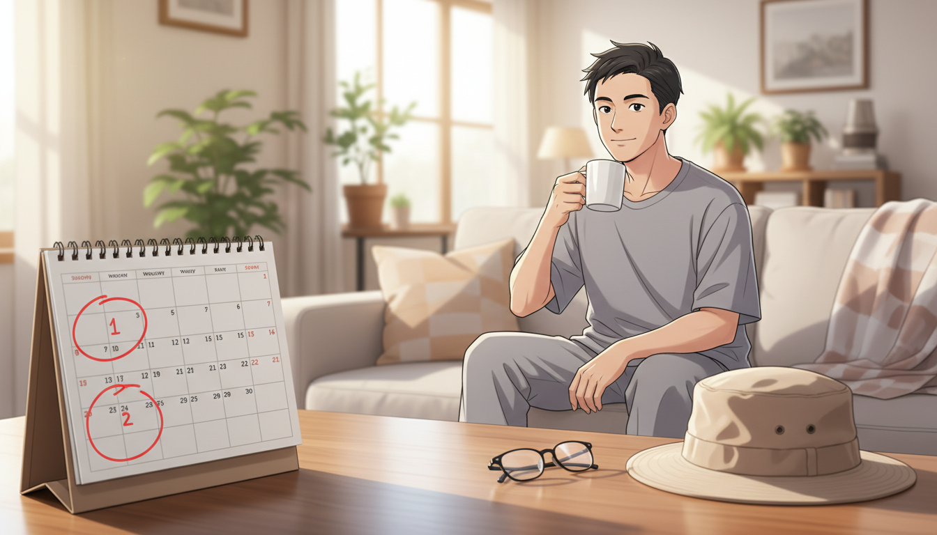 術後のダウンタイム期間を示す卓上カレンダーと、自宅でリラックスして過ごす男性のイラスト。カレンダーには「1週間」「2週間」の経過を示す印がつけられている。男性は清潔感のあるリビングルームのソファに座り