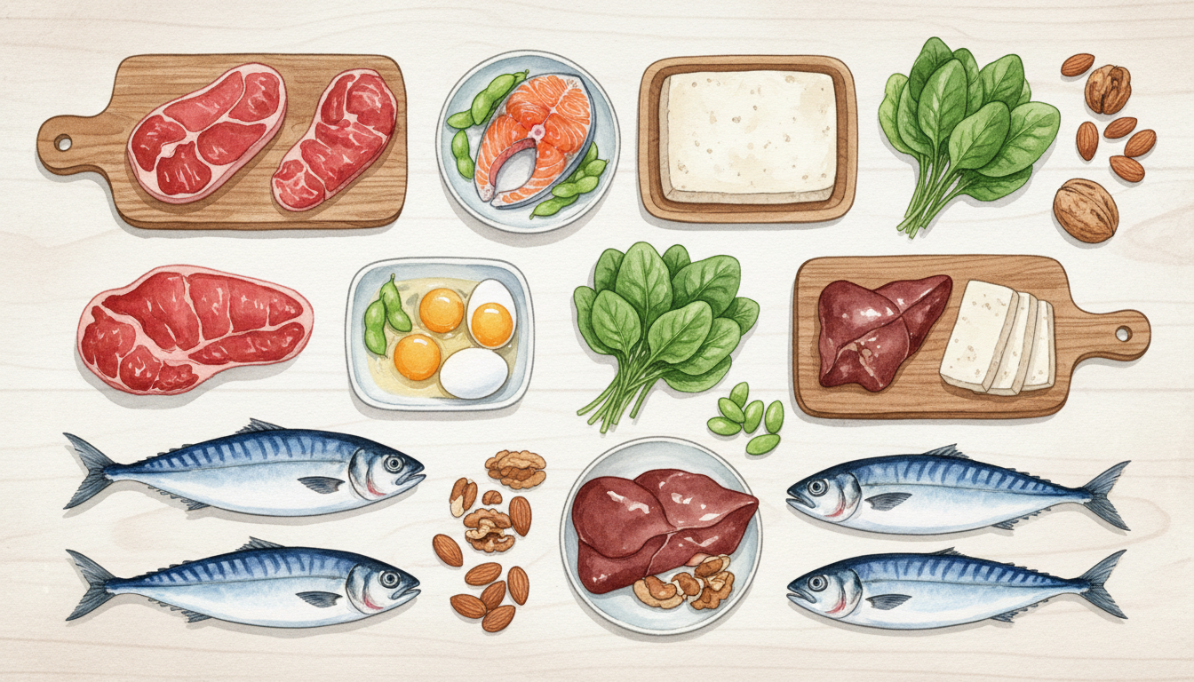 髪の毛の成長に良いとされる栄養素を含む食材が並んだイラスト。良質なタンパク質や亜鉛を含む、赤身肉、魚、卵、大豆製品、レバー、ほうれん草、ナッツ類が、明るい色のテーブルの上にバランスよく配置されている。
