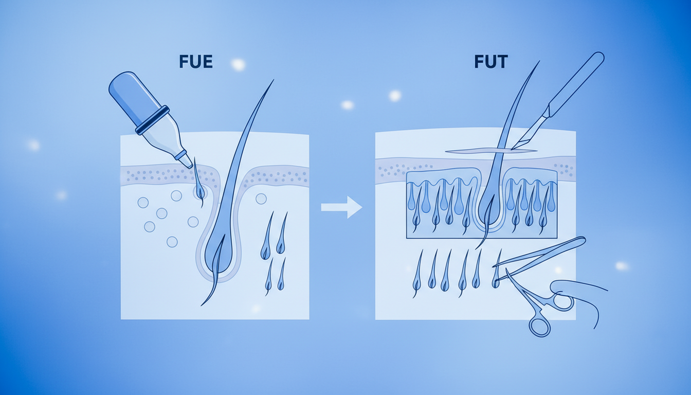自毛植毛の代表的な2つの術式、FUE法(パンチ式)とFUT法(切開法)の違いを比較する図解イラスト。デフォルメされた頭皮と毛根の断面図を使用し、左側には専用器具で1株ずつ毛根をくり抜くイメージ、右側に