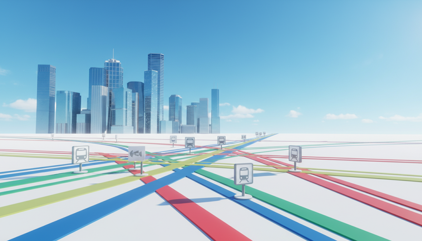 複数の電車の路線図や駅の標識が交差するような抽象的なイラスト。都心のアクセスの便利さを表すため、背景に近代的なビル群と青空を配置し、明るく爽やかな印象にする。実在の駅名や文字は含めず、視覚的なアイコン