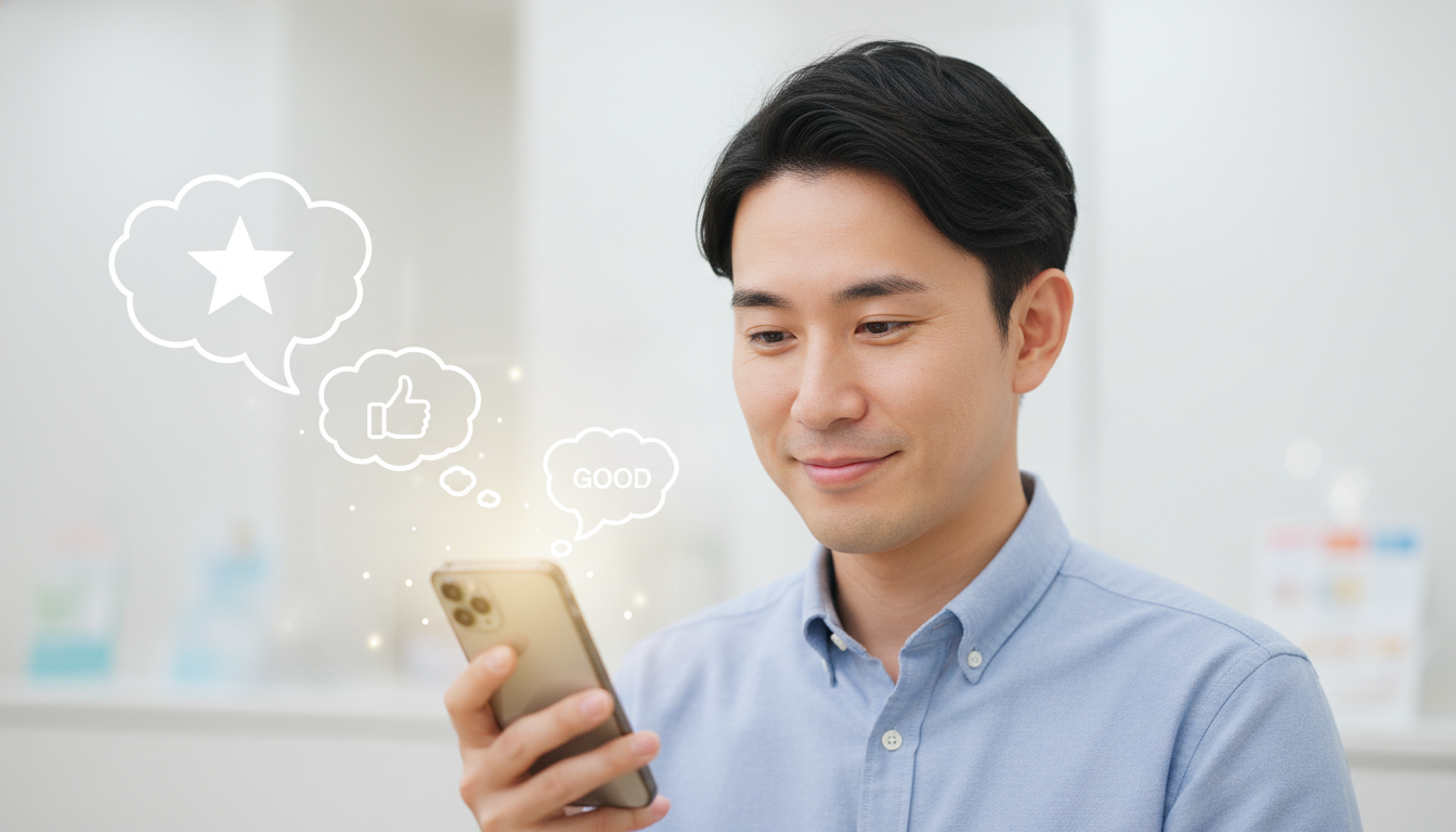スマートフォンを見ながら安心した笑顔を浮かべる30代男性のイラスト。スマートフォンの画面からは「星マーク」や「GOOD」の吹き出しアイコンがふんわりと浮かび上がっており、クリニックのポジティブな評判や