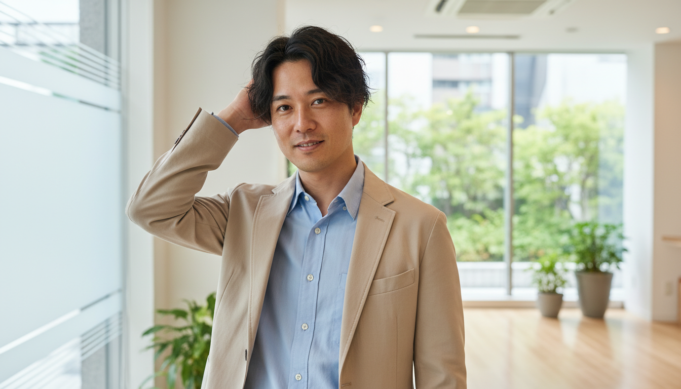 周囲に気づかれずに自然なヘアスタイルを維持している男性のイラスト。髪を刈り上げることなく、ふんわりとした自然な髪型で安心している様子。清潔感があり、美容医療の記事に合う明るく爽やかなテイスト。