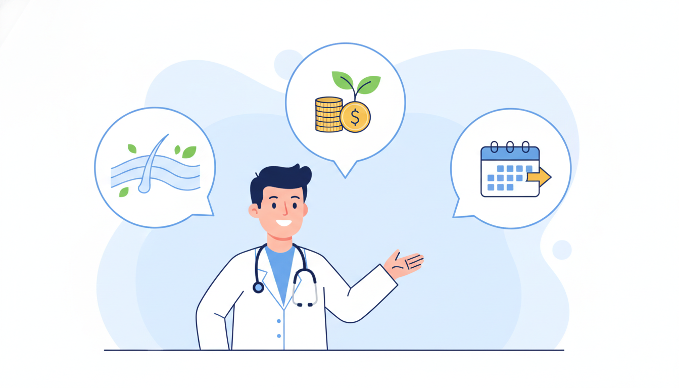 自毛植毛のメリット(自然な仕上がり、コストパフォーマンス、スムーズな予約)を分かりやすく示すインフォグラフィックイラスト。白とブルーを基調とした清潔感のあるデザインで、白衣を着た医師のキャラクターが笑