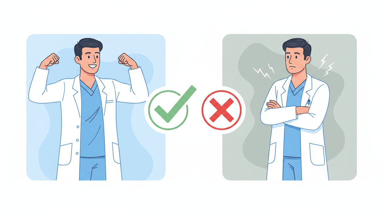 おすすめな人と向かない人を対比する左右分割レイアウトの概念イラスト、左側には笑顔でガッツポーズをする男性、右側には腕を組んで少し考え込んでいる男性、中央にチェックマークとバツ印のアイコンを配置、医療系