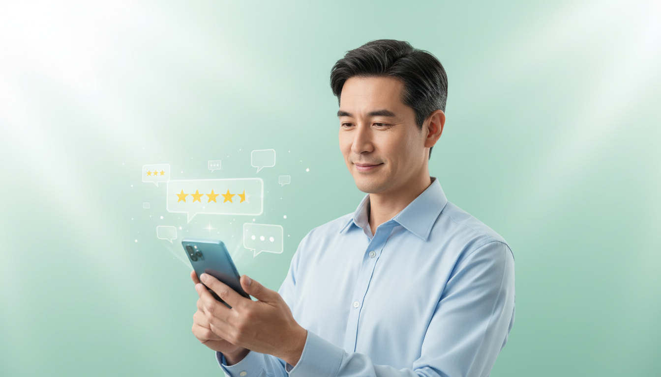 スマートフォンを手に持ち、画面を見ながら安心した笑顔を浮かべる30〜40代男性のイラスト。スマホの画面周辺には、信頼や高評価を表す5つ星のアイコンや吹き出しのマークがホログラムのように複数浮かび上がっ